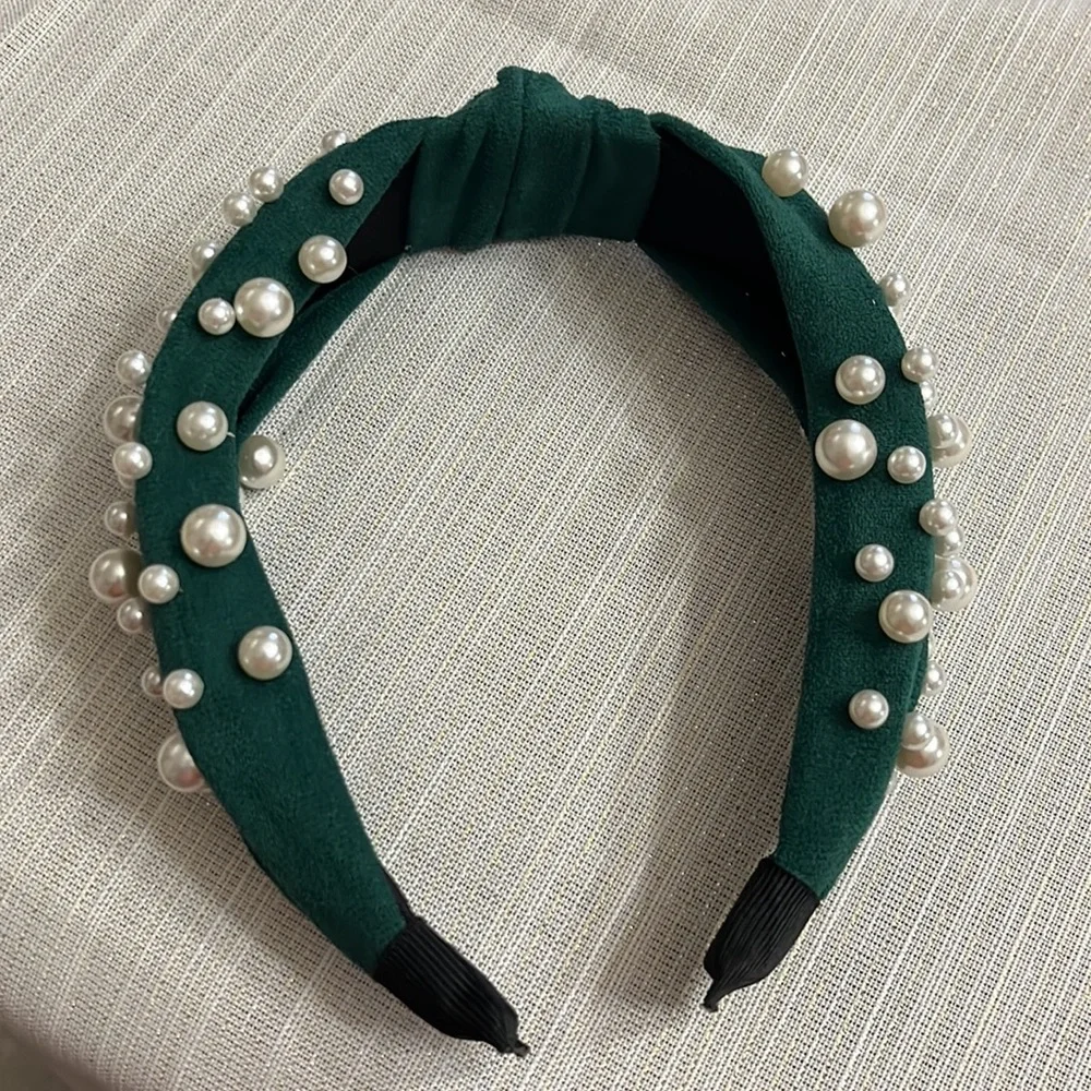 Green faux suede with pearls headband